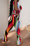 Colour Casual Street Stripe Splashed ink printing Contrast O Neck Short Sleeve Two Pieces
