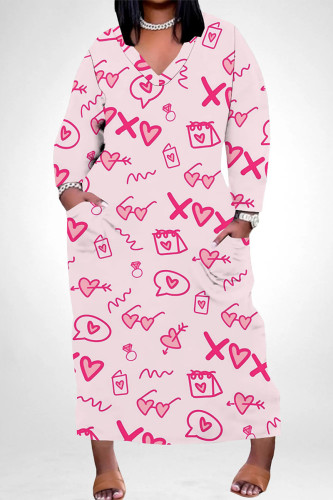 Peach Casual Graffiti Print Heart Shaped Lips Pocket Contrast V Neck Printed Plus Size Dresses