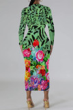 Green Casual Snakeskin Print Leopard Contrast O Neck Printed Dresses
