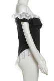 Black Sexy Lace Patchwork Backless Contrast Off Shoulder Regular Jumpsuits
