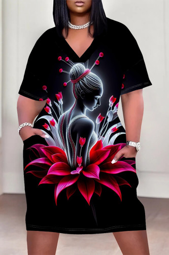 Red Black Casual Cartoon Print Flowers Pocket Contrast V Neck Printed Plus Size Dresses