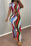 Colour Casual Street Stripe Splashed ink printing Contrast O Neck Short Sleeve Two Pieces