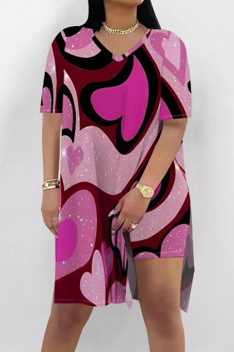 Rose Red Casual Street Love Print Slit Contrast V Neck Short Sleeve Two Pieces