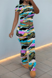 Colour Casual Street Stripe Splashed ink printing Contrast O Neck Short Sleeve Two Pieces