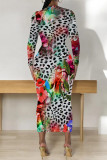 Green Casual Snakeskin Print Leopard Contrast O Neck Printed Dresses
