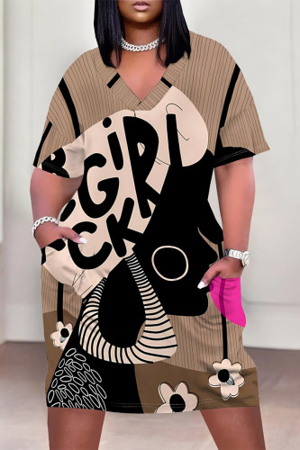 Dark Khaki Casual Street Cartoon Print Letters Pocket Contrast V Neck Printed Plus Size Dresses