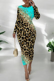 Green Casual Snakeskin Print Leopard Contrast O Neck Printed Dresses