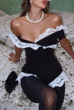 Black Sexy Lace Patchwork Backless Contrast Off Shoulder Regular Jumpsuits