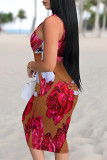 Red Sexy Cartoon Print Letters Leopard Contrast U Neck Printed Dresses