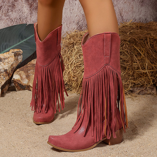 Burgundy Casual Daily Fringed Trim Patchwork Solid Color Pointed Comfortable Shoes