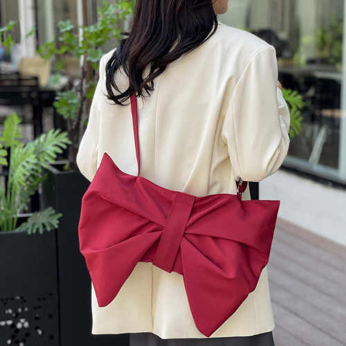Burgundy Daily Bow Patchwork Ruched Zipper Bags