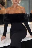Black Elegant Solid Color Patchwork Backless Off Shoulder Long Dresses