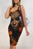 Red Sexy Cartoon Print Letters Leopard Contrast U Neck Printed Dresses