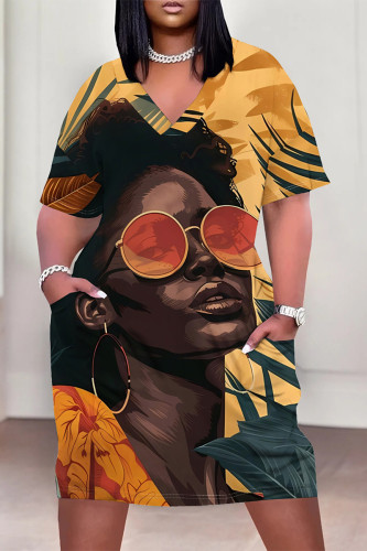 Yellow Casual Street Cartoon Print Flowers Pocket Contrast V Neck Printed Plus Size Dresses
