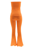 Rose Red Casual Solid Color Patchwork Backless Slit Strapless Two Pieces