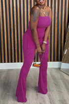Rose Red Casual Solid Color Patchwork Backless Slit Strapless Two Pieces