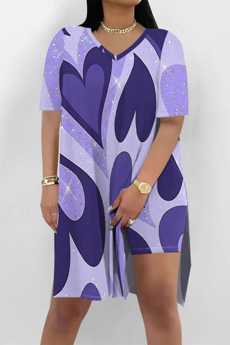 Purplish Blue Casual Street Love Print Slit Contrast V Neck Short Sleeve Two Pieces