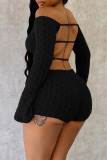 Black Sexy Solid Color Patchwork Backless Off Shoulder Skinny Rompers