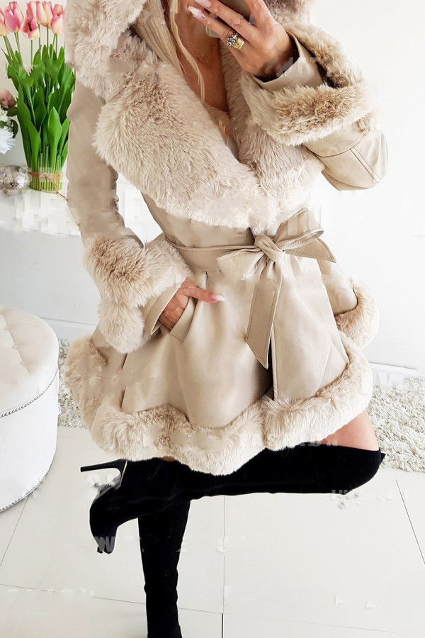 Cream White Daily Solid Color Pocket Patchwork Strap Design Cardigan Collar Outerwear