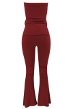 Rose Red Casual Solid Color Patchwork Backless Slit Strapless Two Pieces