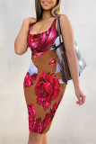 Red Sexy Cartoon Print Letters Leopard Contrast U Neck Printed Dresses