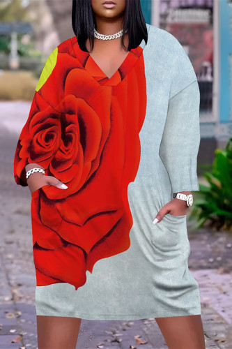 Grey Red Casual Daily Floral Print Butterfly Pocket Contrast V Neck Printed Plus Size Dresses