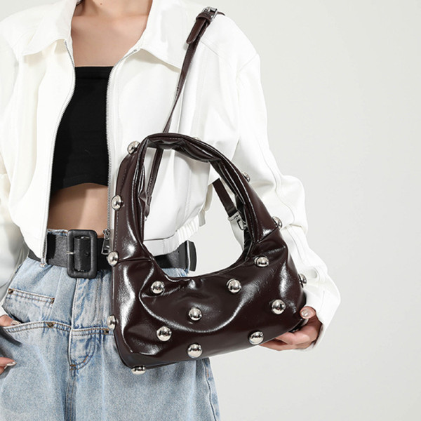 Coffee Daily Solid Color Rivets Patchwork Zipper Bags