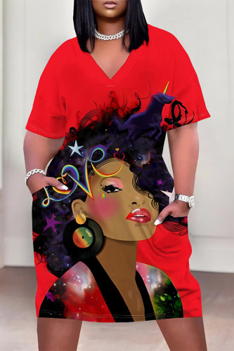 Red Casual Street Cartoon Print Letters Pocket Contrast V Neck Printed Plus Size Dresses