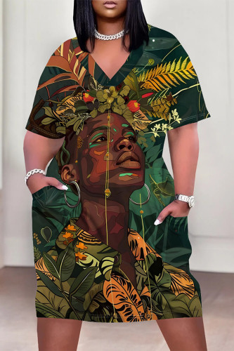Dark Green Casual Street Cartoon Print Flowers Pocket Contrast V Neck Printed Plus Size Dresses