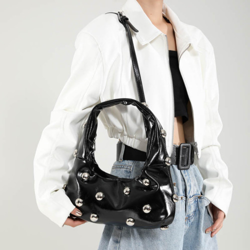 Black Daily Solid Color Rivets Patchwork Zipper Bags