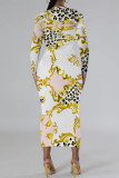 Green Casual Snakeskin Print Leopard Contrast O Neck Printed Dresses