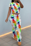 Colour Casual Street Stripe Splashed ink printing Contrast O Neck Short Sleeve Two Pieces