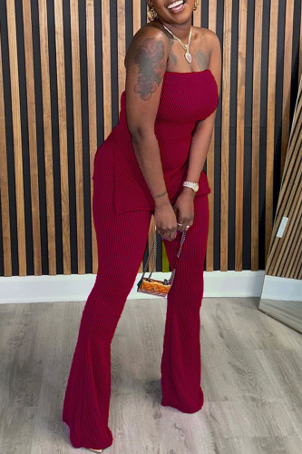 Burgundy Casual Solid Color Patchwork Backless Slit Strapless Two Pieces