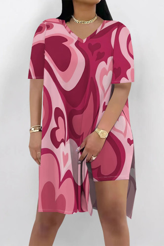 Red Casual Street Love Print Slit Contrast V Neck Short Sleeve Two Pieces