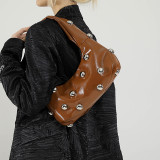 Brown Daily Solid Color Rivets Patchwork Zipper Bags