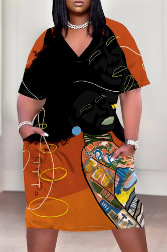 Orange Casual Street Cartoon Print Letters Pocket Contrast V Neck Printed Plus Size Dresses