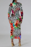 Green Casual Snakeskin Print Leopard Contrast O Neck Printed Dresses