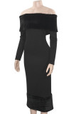Black Elegant Solid Color Patchwork Backless Off Shoulder Long Dresses