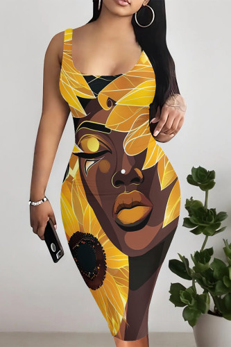 Yellow Sexy Cartoon Print Letters Leopard Contrast U Neck Printed Dresses