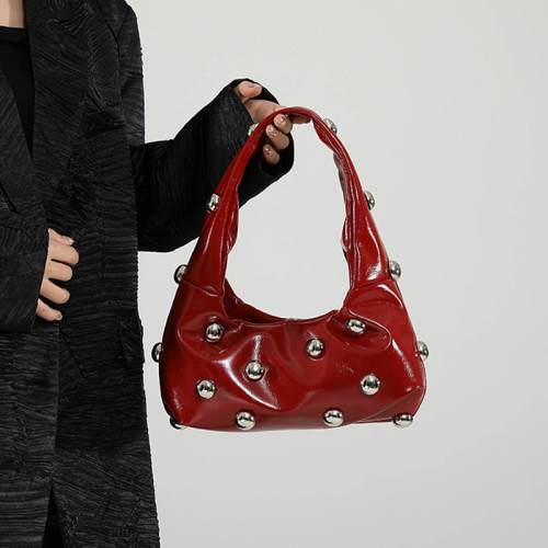 Red Daily Solid Color Rivets Patchwork Zipper Bags