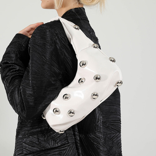 White Daily Solid Color Rivets Patchwork Zipper Bags