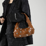 Brown Daily Solid Color Rivets Patchwork Zipper Bags