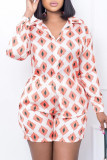 Orange Casual Print Buckle Patchwork Turndown Collar Long Sleeve Two Pieces
