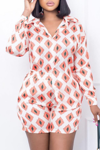Orange Casual Print Buckle Patchwork Turndown Collar Long Sleeve Two Pieces