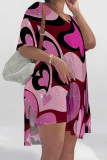 Red Casual Street Love Print Slit Contrast V Neck Short Sleeve Two Pieces