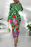 Green Casual Snakeskin Print Leopard Contrast O Neck Printed Dresses