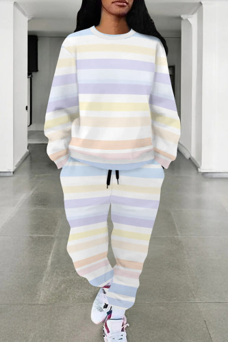 Light Purple Casual Print Draw String Pocket Patchwork O Neck Long Sleeve Two Pieces