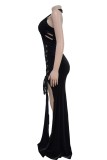 Red Sexy Hot Solid Color Backless Slit Belted Halter Long Dresses