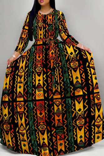 Green Yellow Casual Print Patchwork Strap Design O Neck Long Dresses