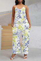 White Casual Street Geometric Print Pocket Belted Contrast V Neck Loose Jumpsuits